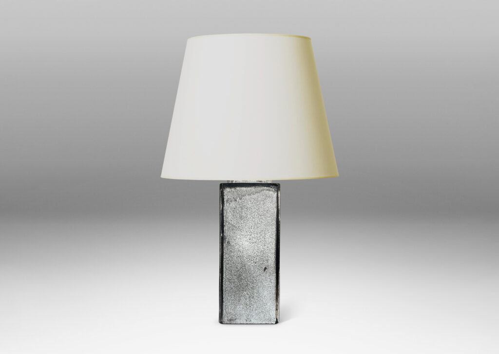 Gallery BAC tall square canister form with chamfered edges in a white-black tin glaze