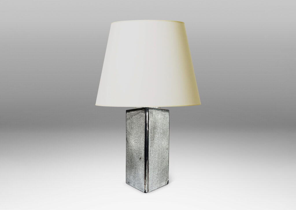 Gallery BAC tall square canister form with chamfered edges in a white-black tin glaze
