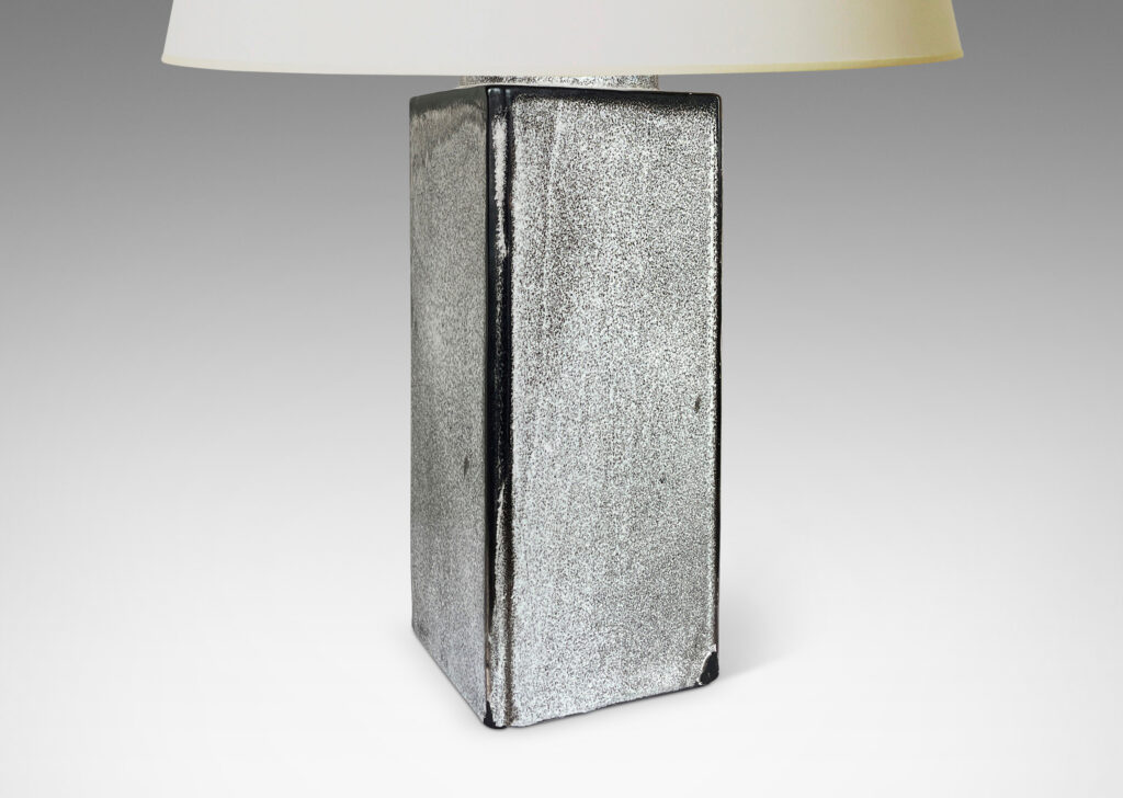 Gallery BAC tall square canister form with chamfered edges in a white-black tin glaze