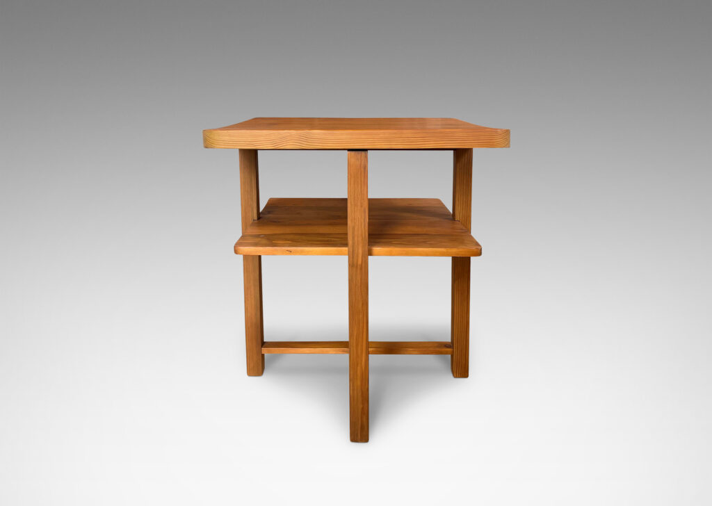 Gallery BAC central legs supporting a square top, floating shelf, and stretchers; solid pine