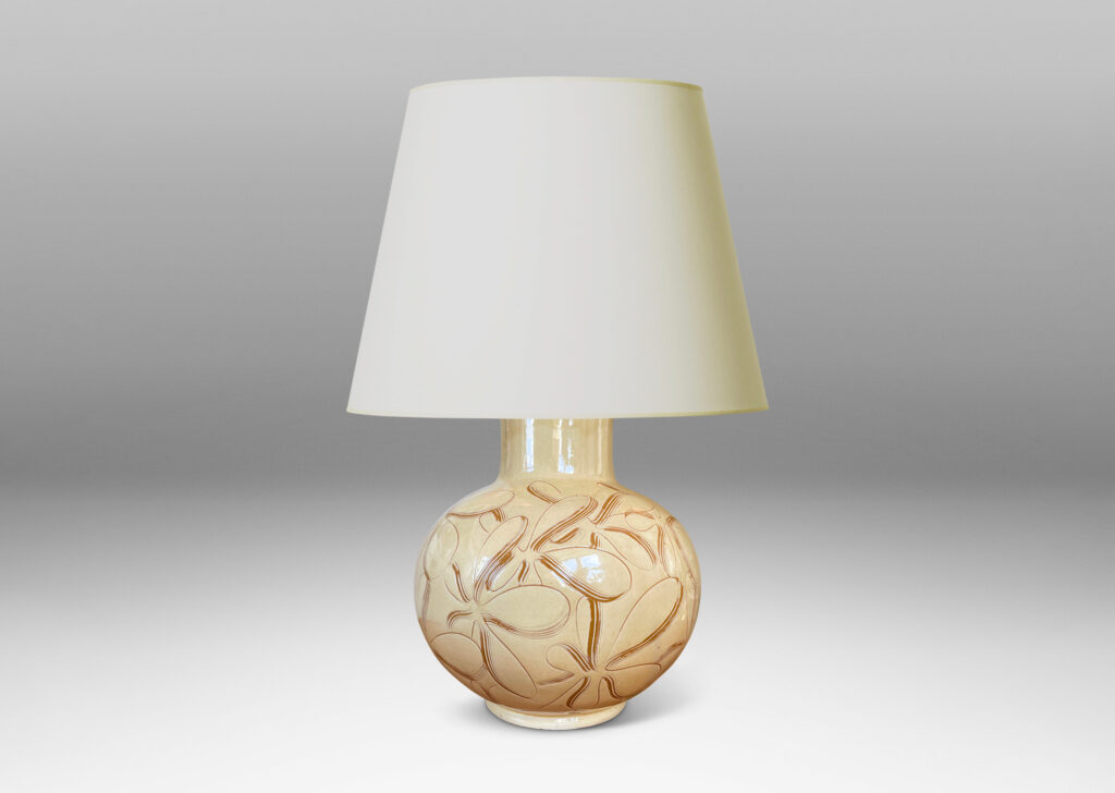 Gallery BAC globe form with wide neck, glazed in a gloss ivory and decorated with a sgraffito floral pattern