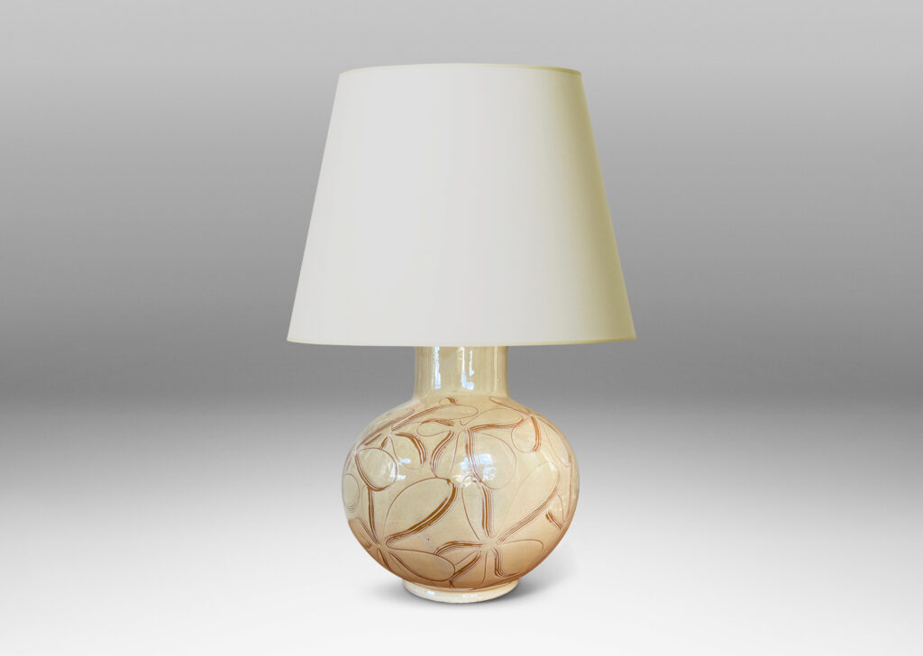 Gallery BAC globe form with wide neck, glazed in a gloss ivory and decorated with a sgraffito floral pattern