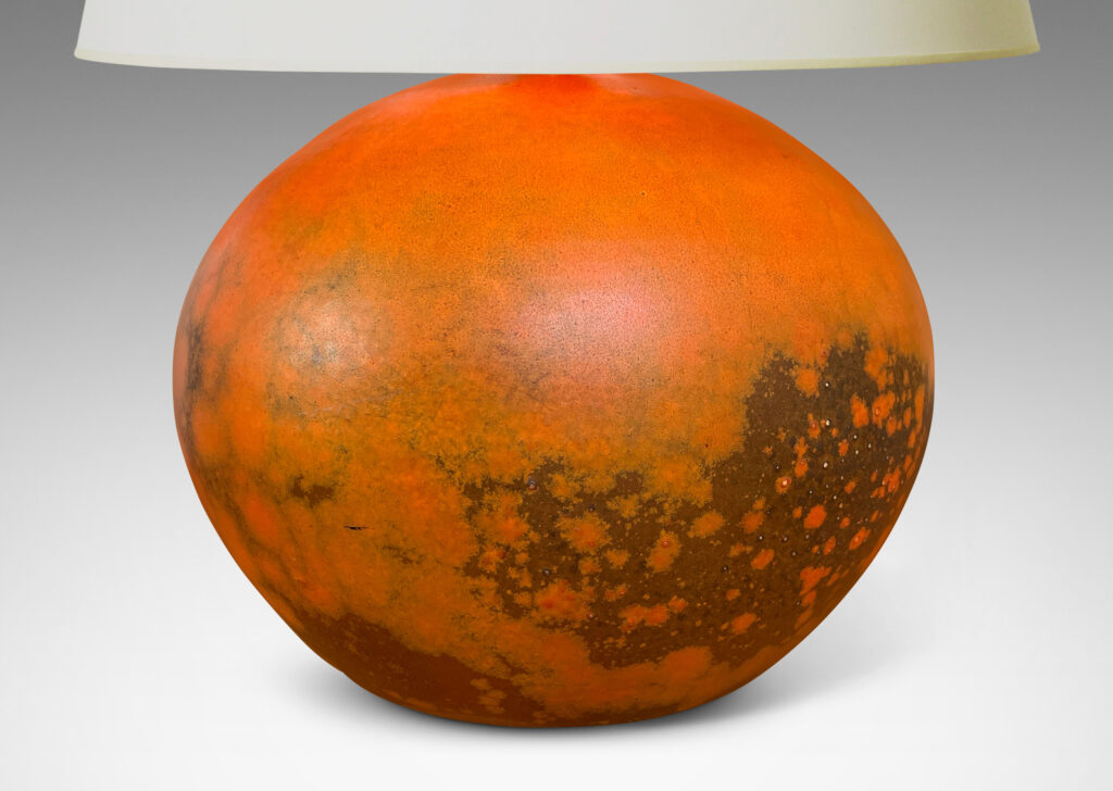 Gallery BAC plump globe form, glazed in a matte orange and port/brown