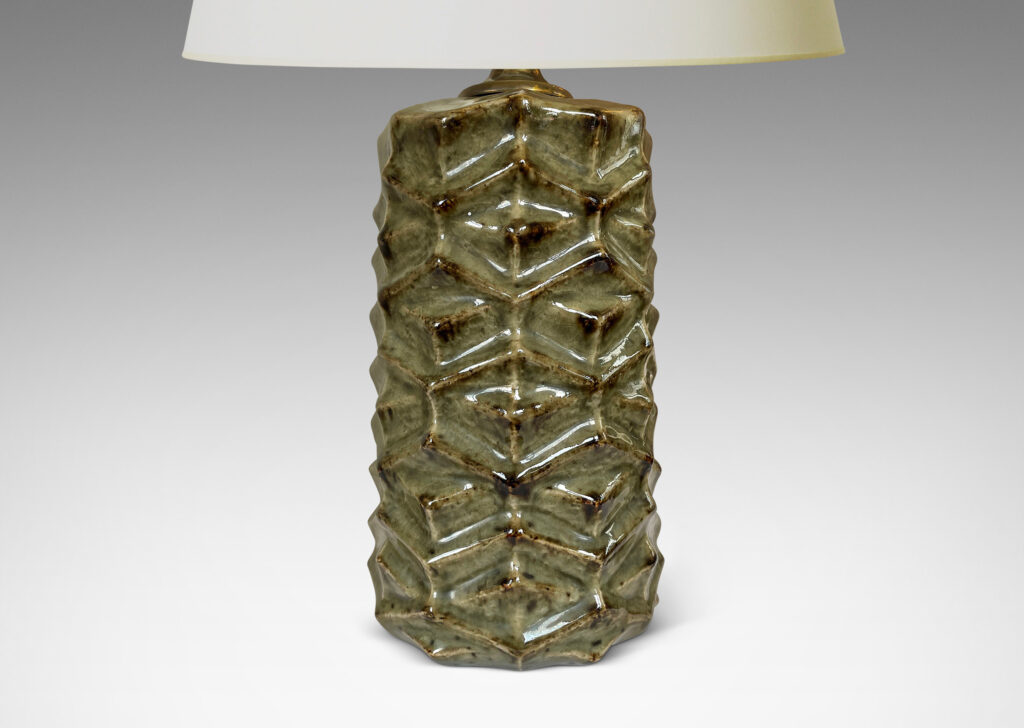 Gallery BAC cylindrical form with geometric pattern in relief, glazed in a shiny green-brown