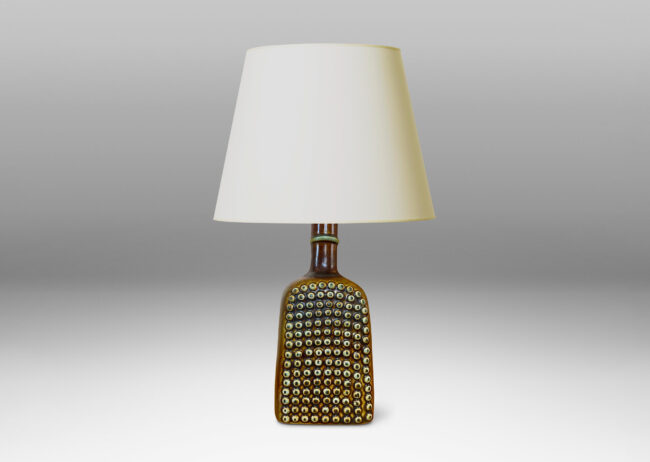 Gallery BAC squared bottle-like form with a grid of cleats on two sides in a raw umber brown glaze