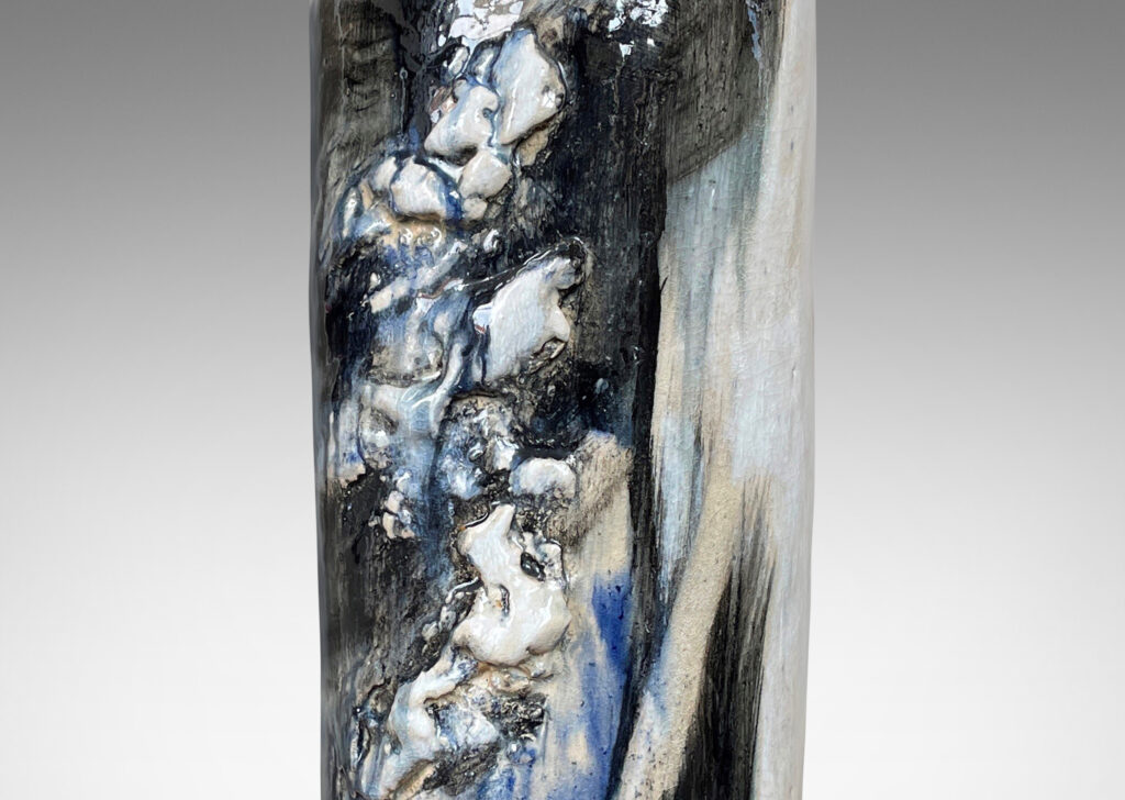 Gallery BAC tall oblong form with applied abstract reliefs, glazed in white, blue and black