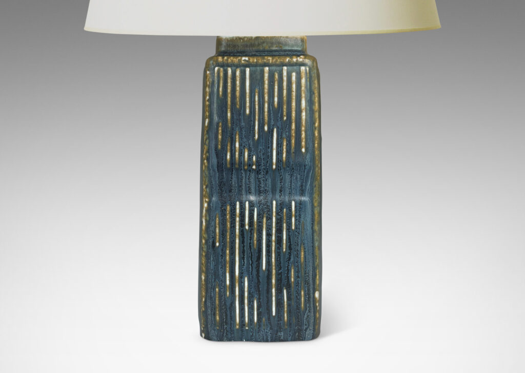 Gallery BAC cove-sided bottle forms glazed in a deep blue with gray-brown mottling