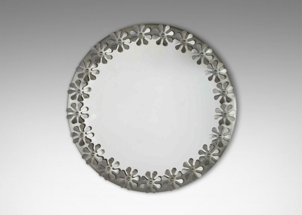 Gallery BAC simple frame with applied daisy-like flower forms; silver metal and mirrored glass