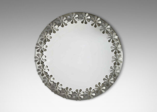 Gallery BAC simple frame with applied daisy-like flower forms; silver metal and mirrored glass