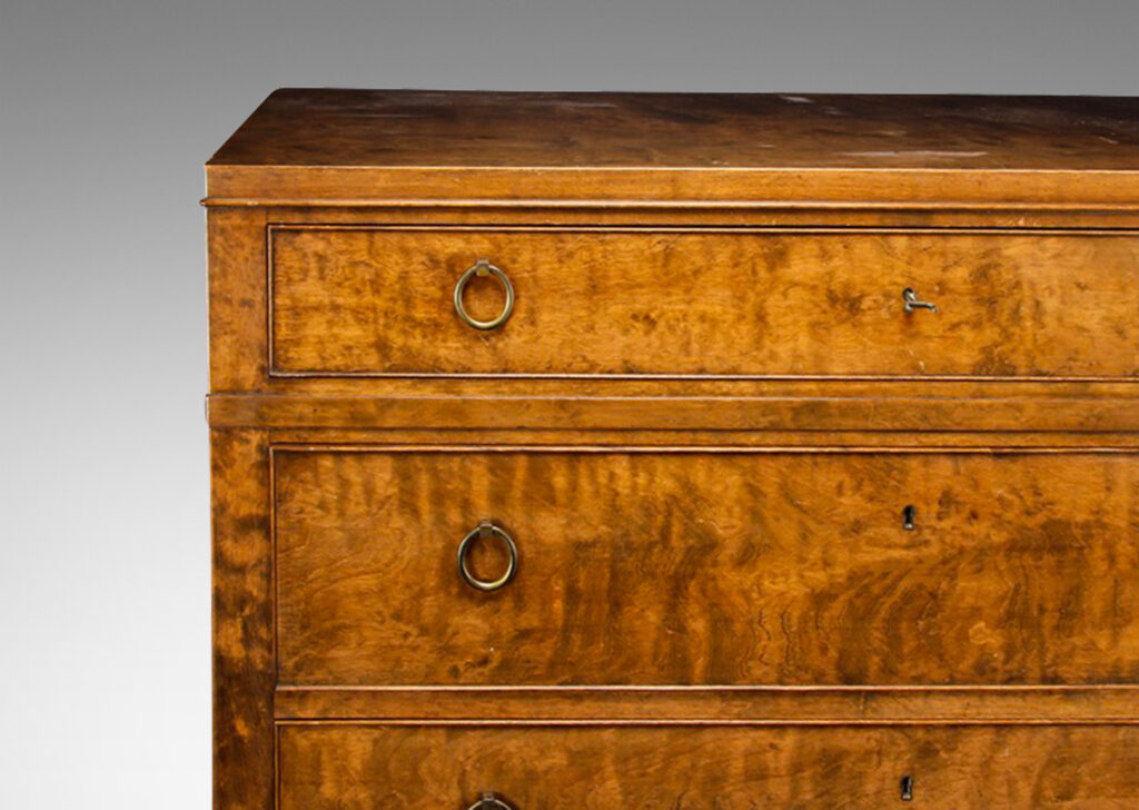 Gallery BAC tall case with six drawers, each with double ring pulls; walnut and brass