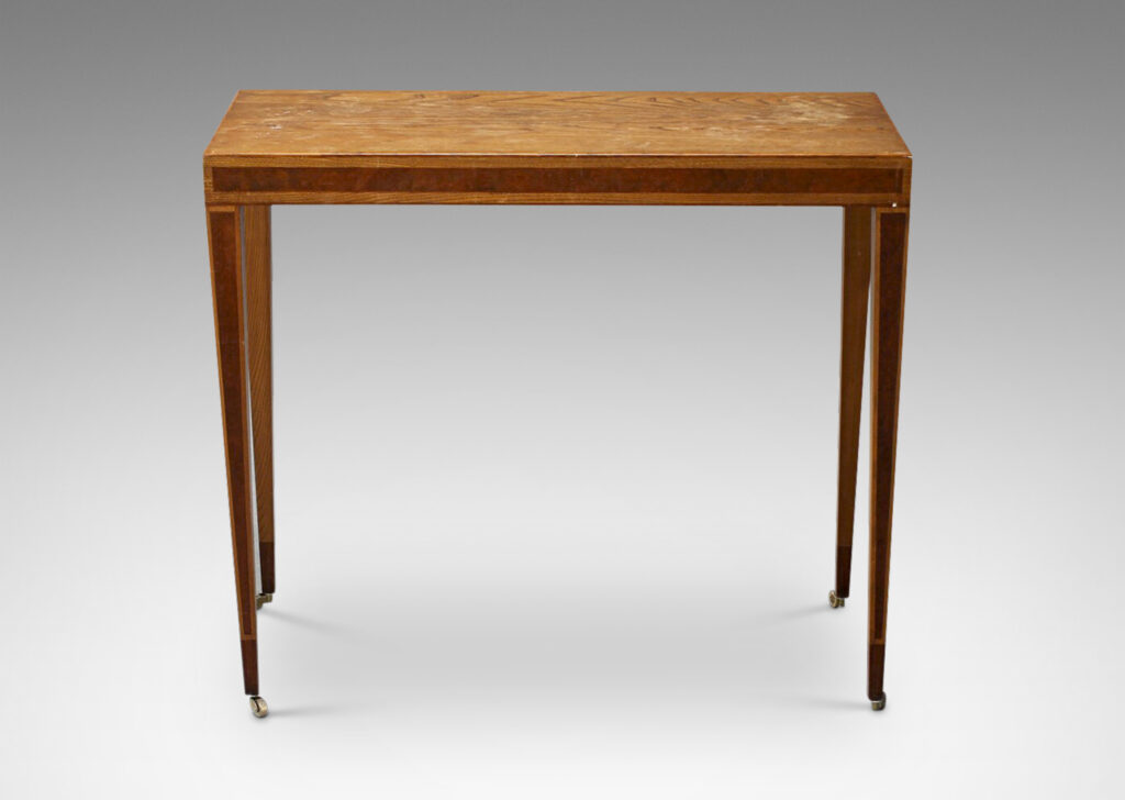 Gallery BAC lim rectangular top on tapered legs, with inlaid panel details; oak and inlay wood