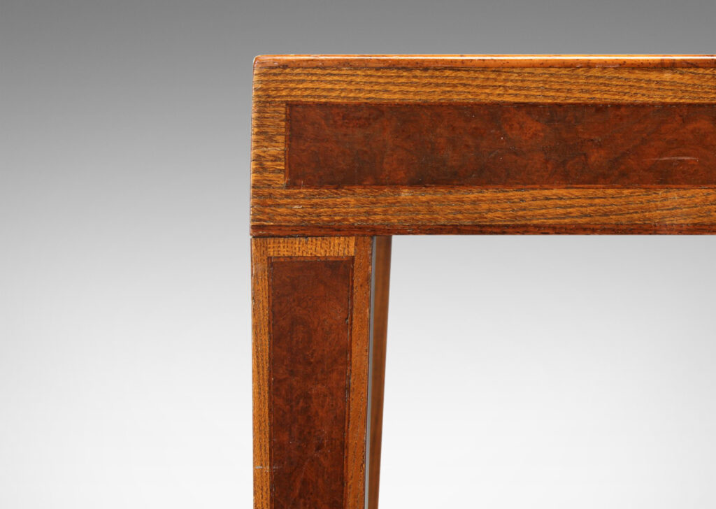 Gallery BAC lim rectangular top on tapered legs, with inlaid panel details; oak and inlay wood