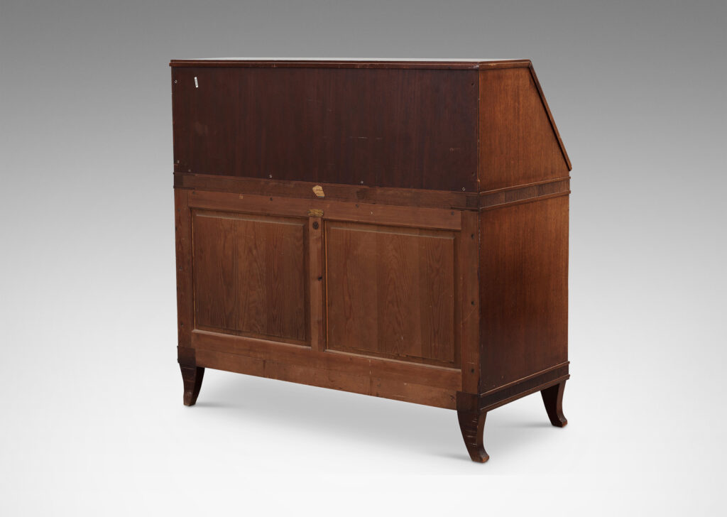 Gallery BAC hree-drawer chest on sabered feet with fold-out desk with storage nooks on top, decorated with ridged bands and ornament