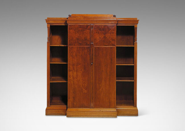 Gallery BAC tall cabinets behind two doors, flanked by open shelving, top containing a secret compartment