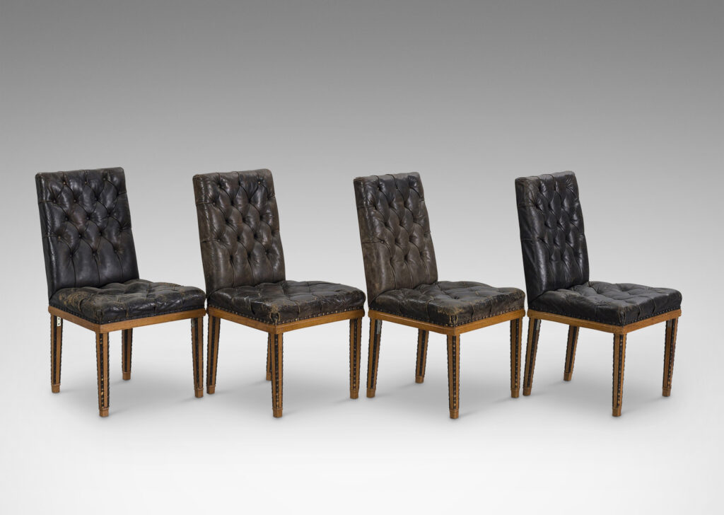 Gallery BAC high rectangular backs and tapered legs edged in beaded molding; mahogany and ebonized wood