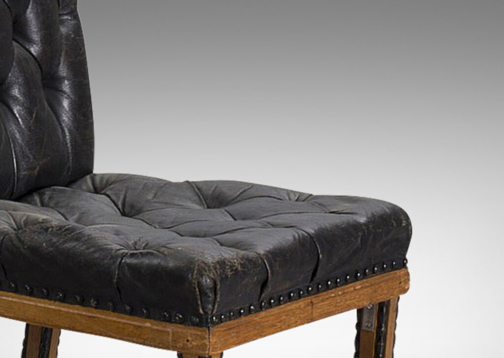 Gallery BAC high rectangular backs and tapered legs edged in beaded molding; mahogany and ebonized wood