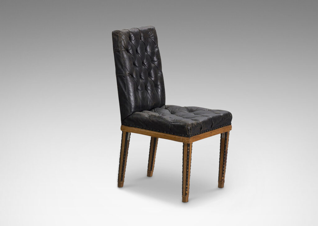 Gallery BAC high rectangular backs and tapered legs edged in beaded molding; mahogany and ebonized wood