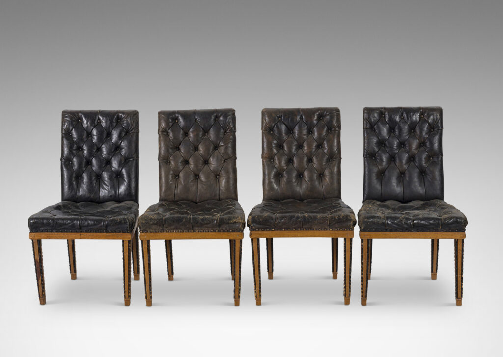 Gallery BAC high rectangular backs and tapered legs edged in beaded molding; mahogany and ebonized wood