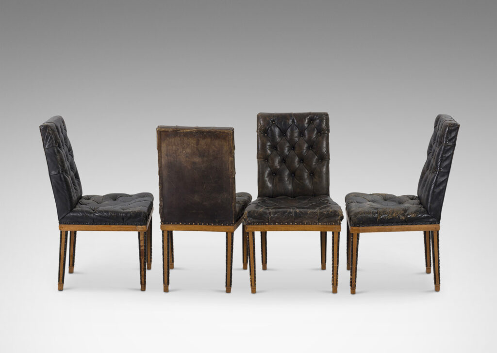 Gallery BAC high rectangular backs and tapered legs edged in beaded molding; mahogany and ebonized wood