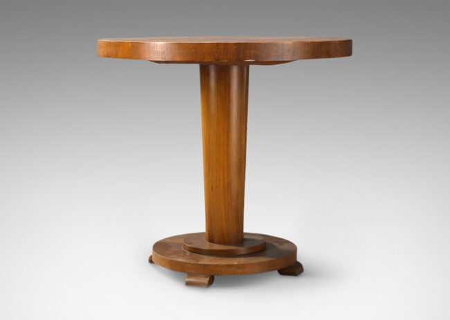 Gallery BAC floating round top on a tapered pedestal with stepped disk base; oak