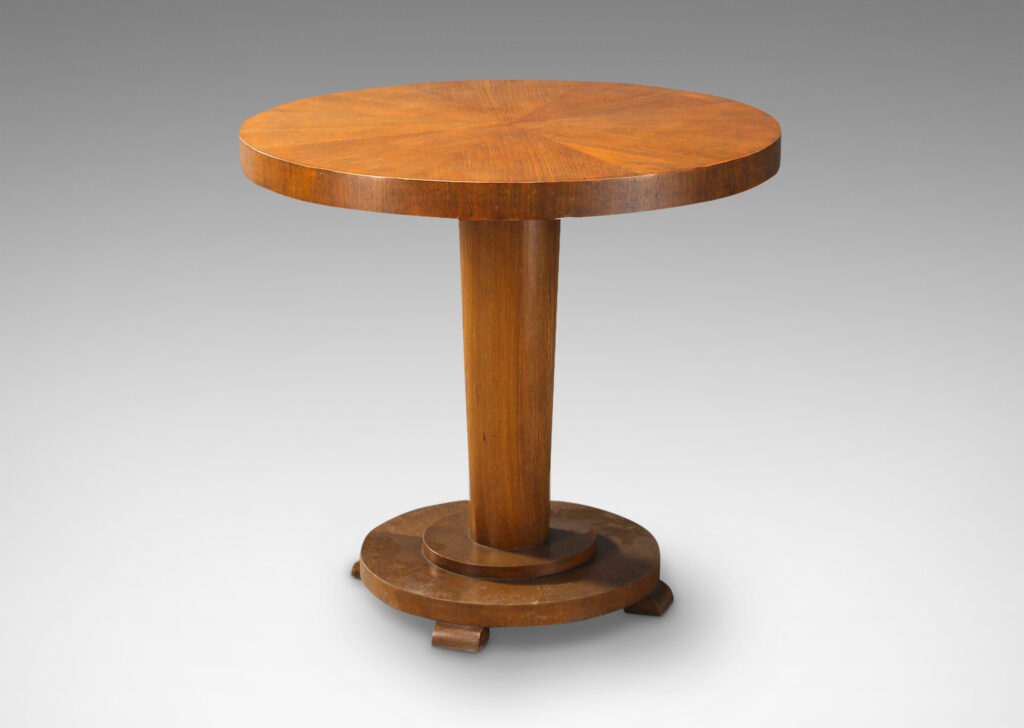 Gallery BAC floating round top on a tapered pedestal with stepped disk base; oak