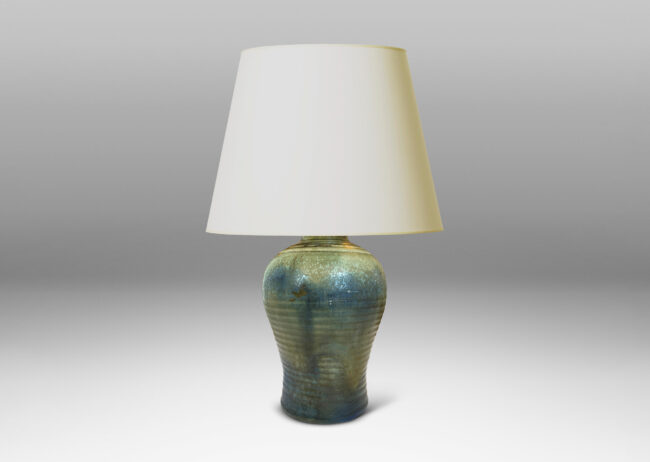 Gallery BAC swelling form with horizontal ridging, glazed in olive green with hints of blue