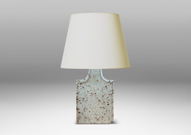 Gallery BAC shallow upright box form with coved shoulders, glazed in light tan with brown speckling