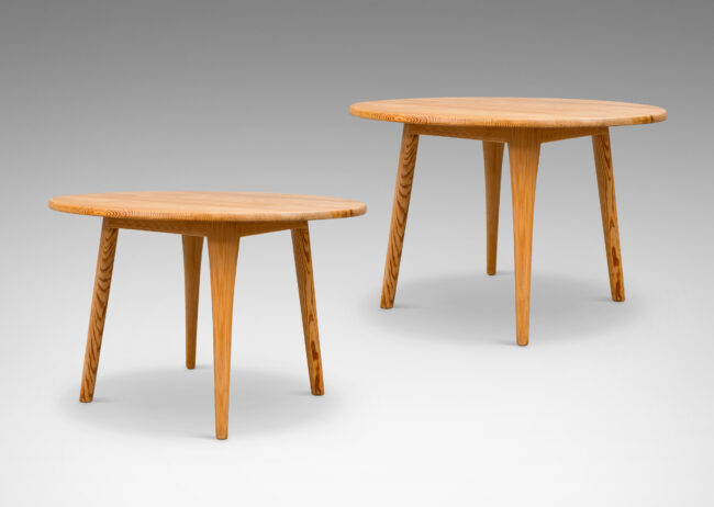 Gallery BAC round floating tops on angled and tapered legs; solid pine;