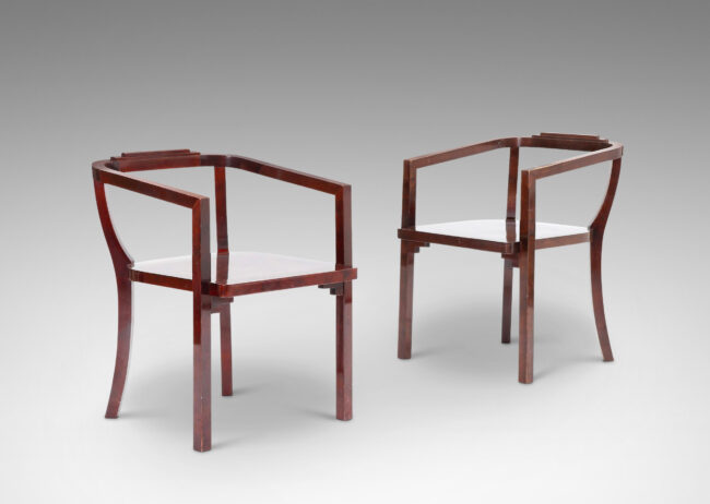 Gallery BAC airy frames with straight front legs and arms, sinuous back legs, and stepped ornament to back rail and seat brackets; stained birch;