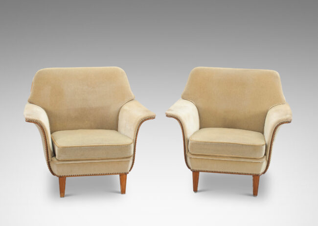 Gallery BAC tulip-form undulating sides and slanted backs, on tapered legs; solid and laminated birch, upholstery