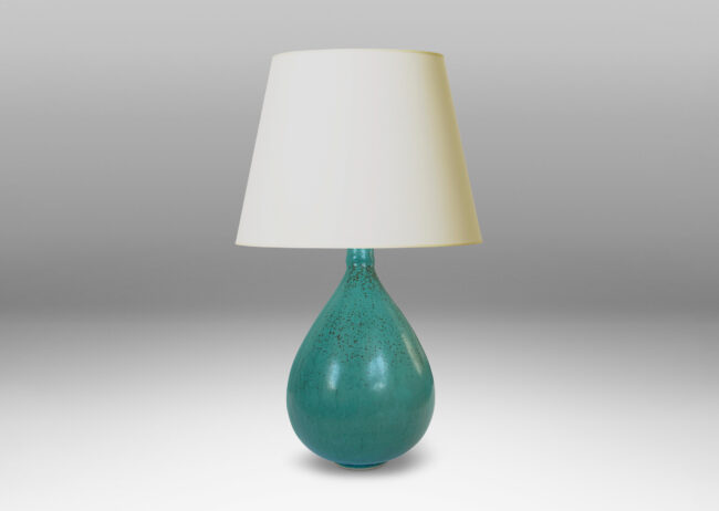 Gallery BAC drop form with slim neck, glazed in a dappled turquoise blue; stoneware