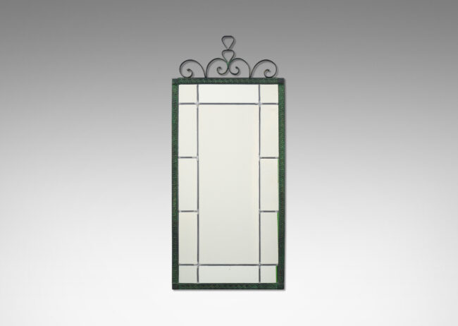 Gallery BAC ectangular frame with embossed Greek key pattern, and ornamental crown of scroll motifs, finished in a rich emerald verdigris