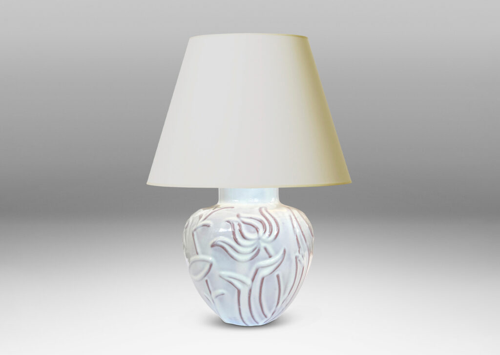 Gallery BAC tapered apple-like forms with abstracted floral designs in relief, glazed in a shiny white