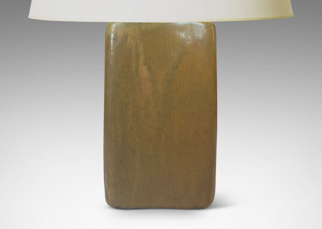 Gallery BAC rectangular box form with soft organic lines, glazed in dappled sandy brown; stoneware