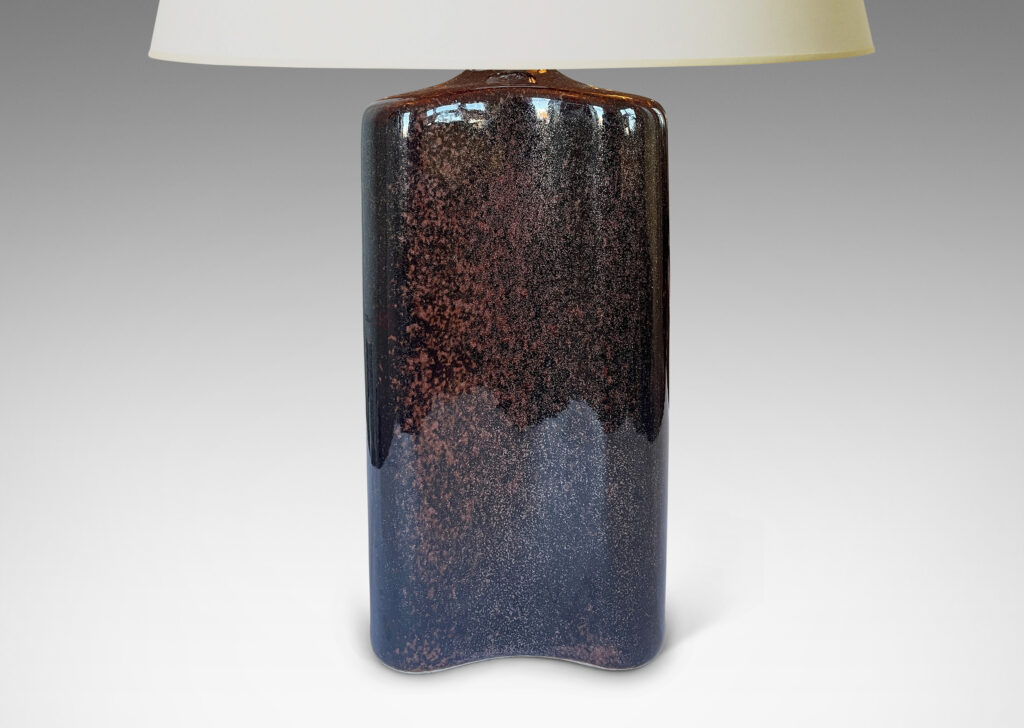 Gallery BAC tall undulating squared form, glazed in brown-red/rust; earthenware