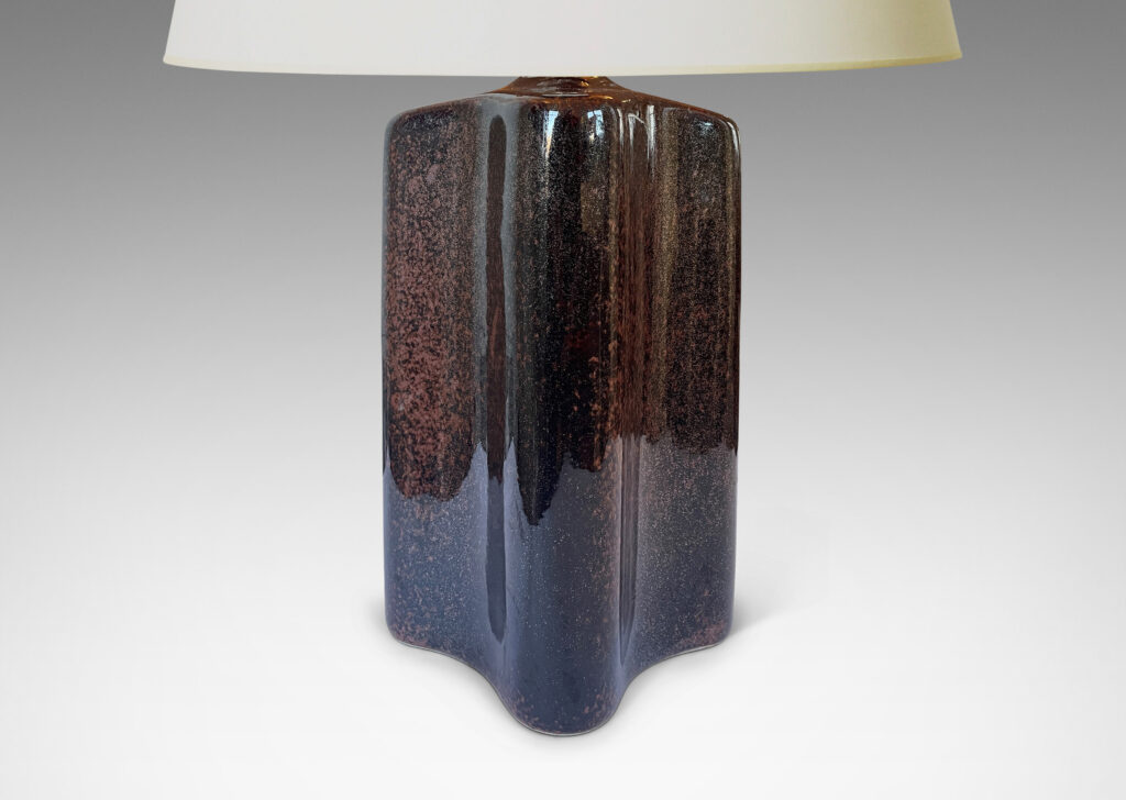 Gallery BAC tall undulating squared form, glazed in brown-red/rust; earthenware