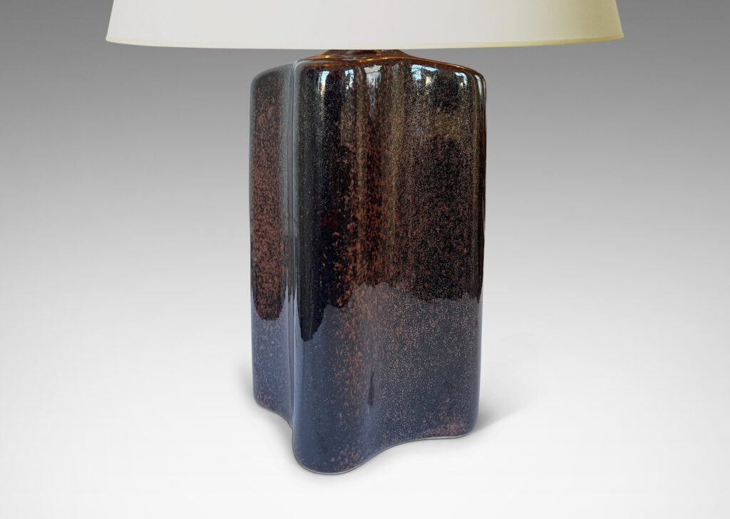 Gallery BAC tall undulating squared form, glazed in brown-red/rust; earthenware