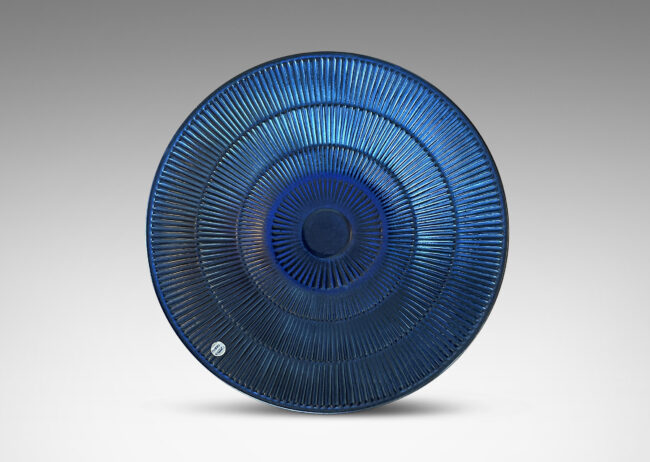 Gallery BAC angled sides and radiating line relief inside, glazed in a deep blue tone