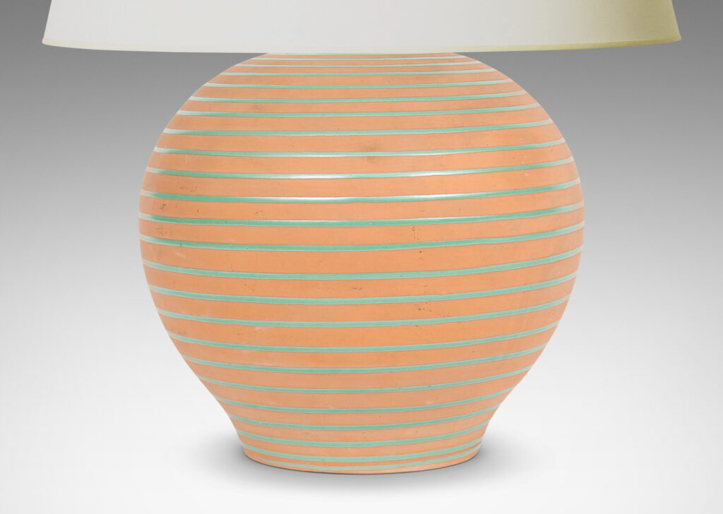 Gallery BAC unglazed terra cotta globe form with green glazed horizontal pinstripes