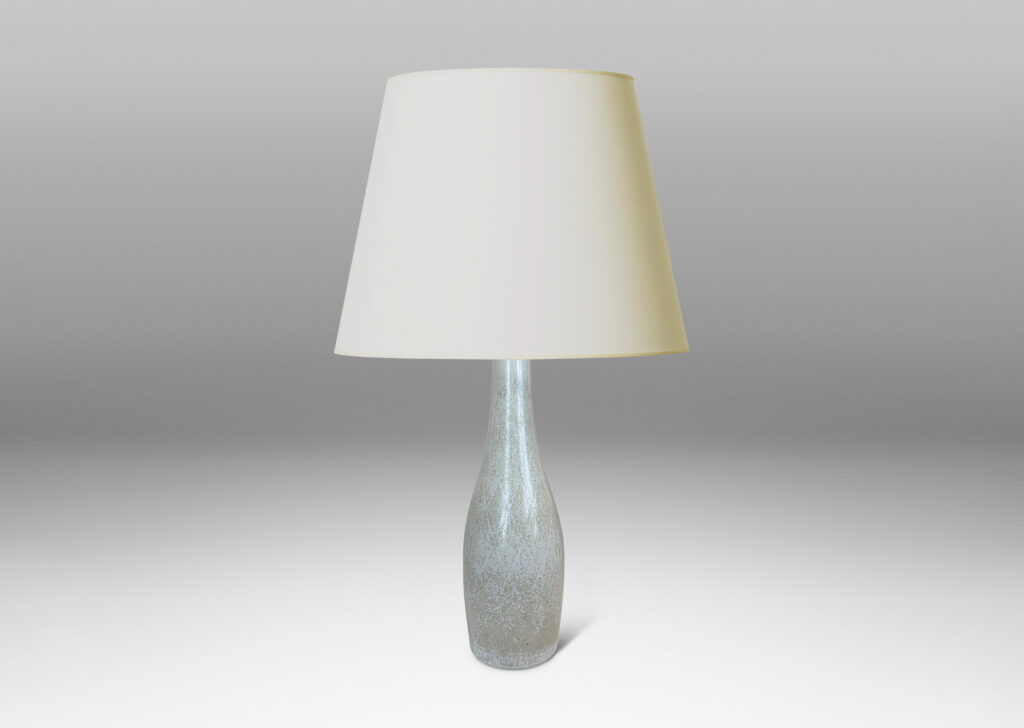 Gallery BAC swelling “bowling pin” form with carved diamond gird detail, glazed in a warm white with pale gray speckles