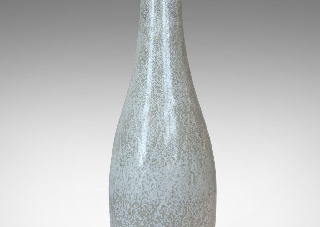 Gallery BAC swelling “bowling pin” form with carved diamond gird detail, glazed in a warm white with pale gray speckles