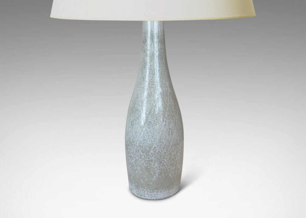 Gallery BAC swelling “bowling pin” form with carved diamond gird detail, glazed in a warm white with pale gray speckles