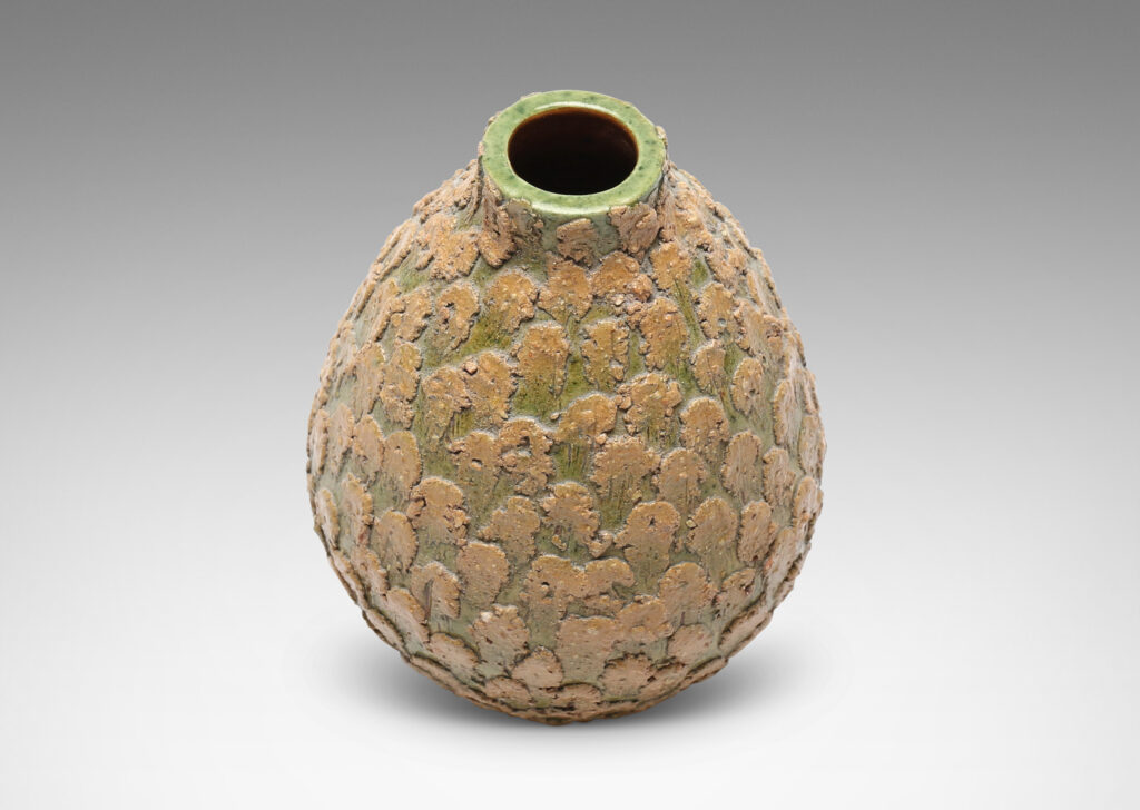 Gallery BAC form and applied texture of a pine cone, glazed in gold-tan and olive green