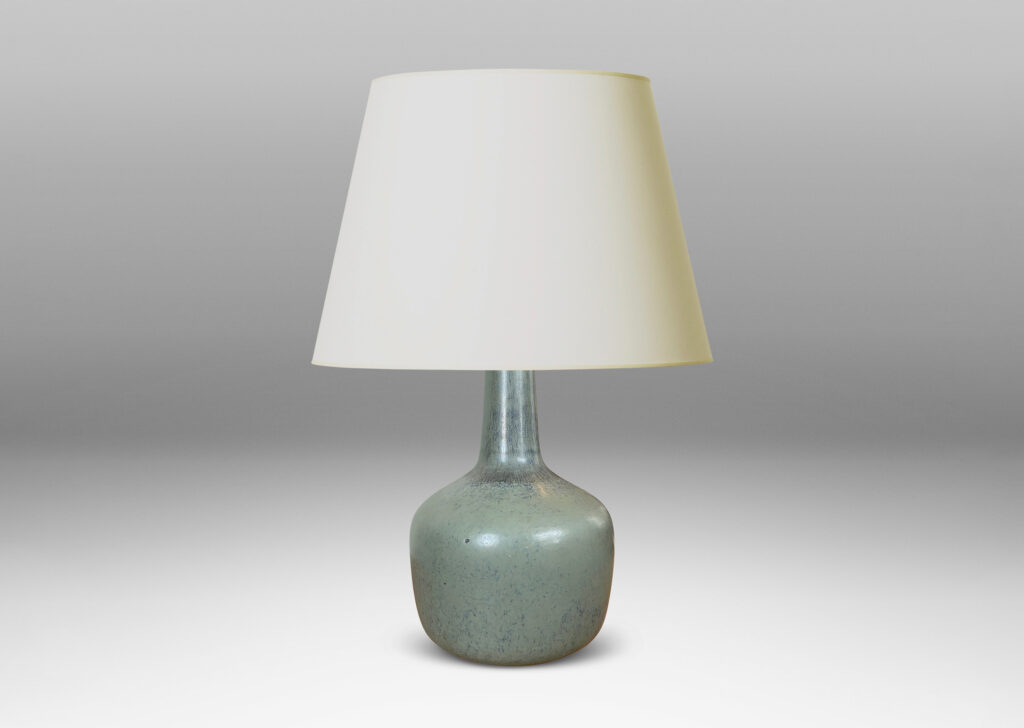 Gallery BAC tapered drum form and a tall sprouting neck, glazed in a light gray-blue