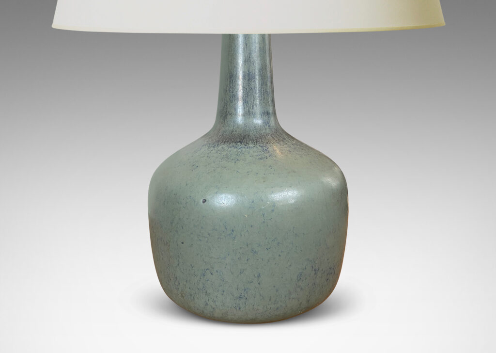 Gallery BAC tapered drum form and a tall sprouting neck, glazed in a light gray-blue