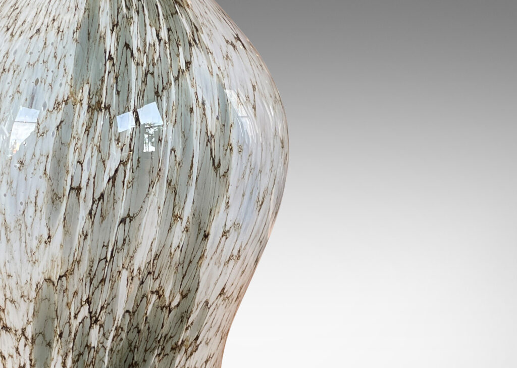 Gallery BAC baluster forms in hand-blown glass with dynamic organic patterning in white and green-gray