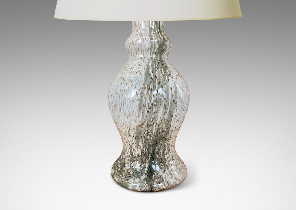 Gallery BAC baluster forms in hand-blown glass with dynamic organic patterning in white and green-gray