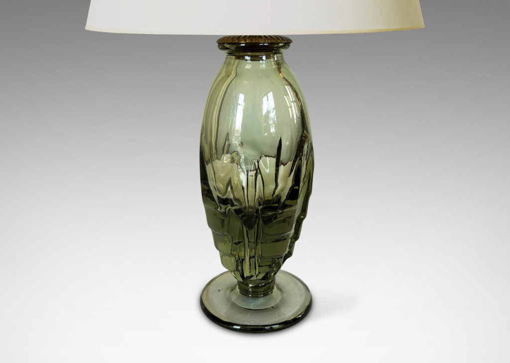 Gallery BAC ovoid form with lobed and tiered base on a foot in hand-blown olive tint glass