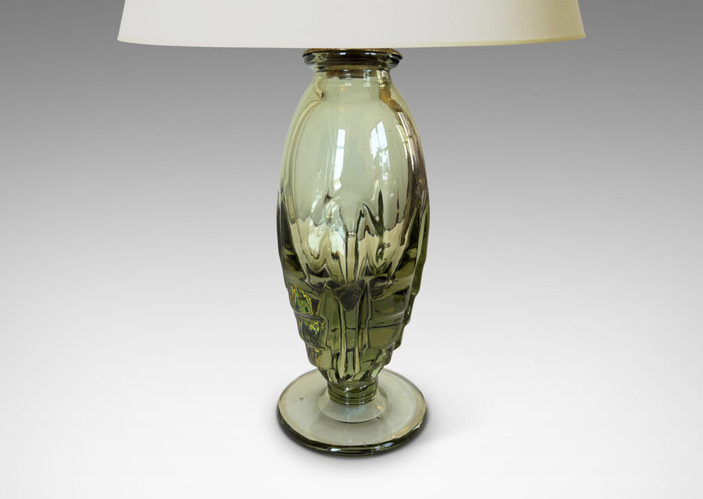 Gallery BAC ovoid form with lobed and tiered base on a foot in hand-blown olive tint glass