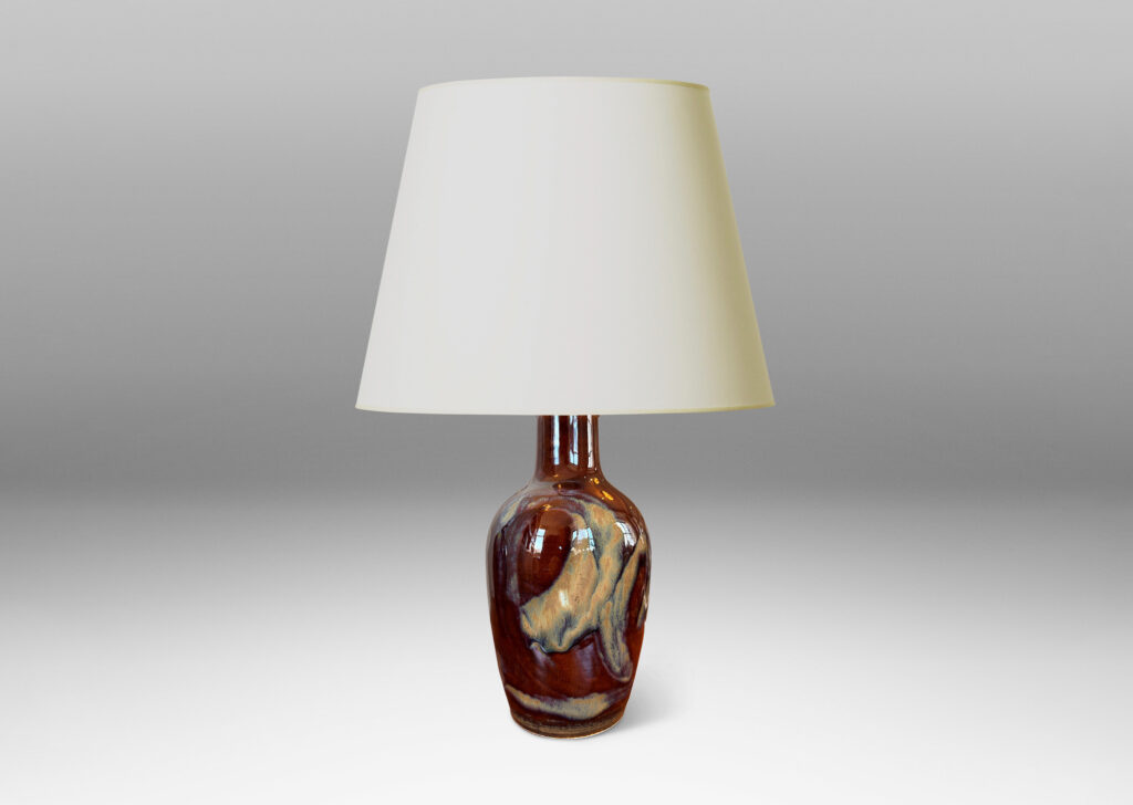 Gallery BAC classic tapered vase form, glazed in a warm burnt sienna brown with scrolling pattern in pale taupe